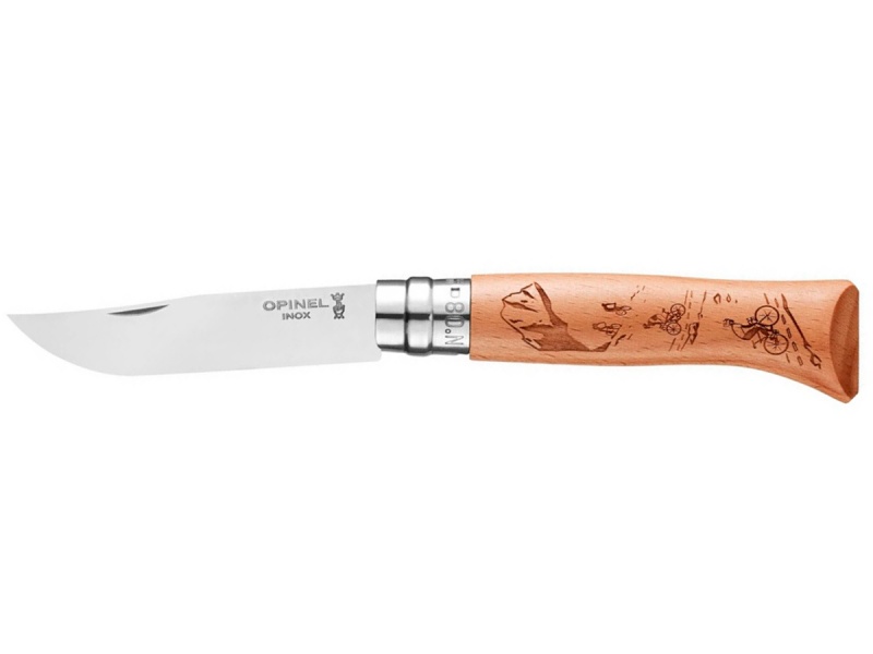 Нож Opinel серии Tradition Alpine Advantures №08, клинок 8,5см, нерж.сталь, рукоять-дуб, рис.-горн.велосипед